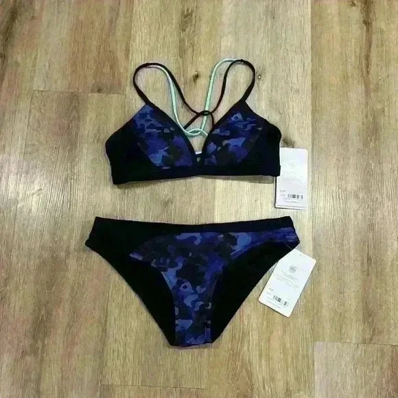 Athleta freestyle camo bikini swimsuit top and bottom blue black print - Picture 1 of 6